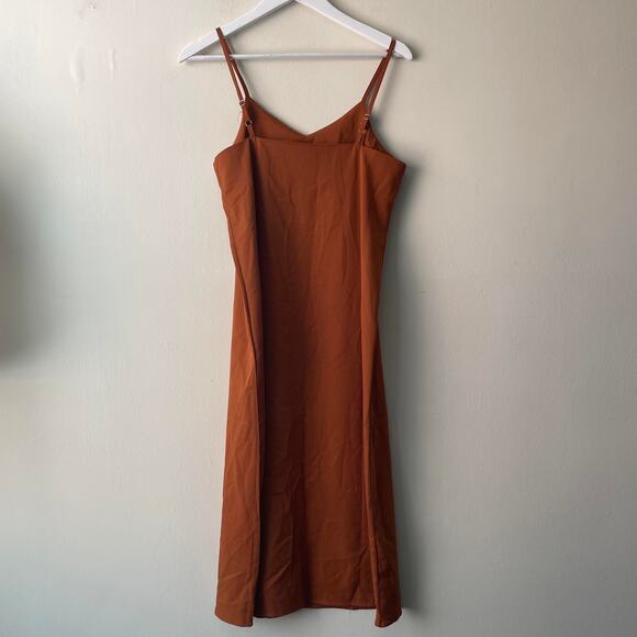 The Open Satin Silky Spaghetti Strap V-Neck Midi Dress in Burnt Orange -S - Picture 7 of 12